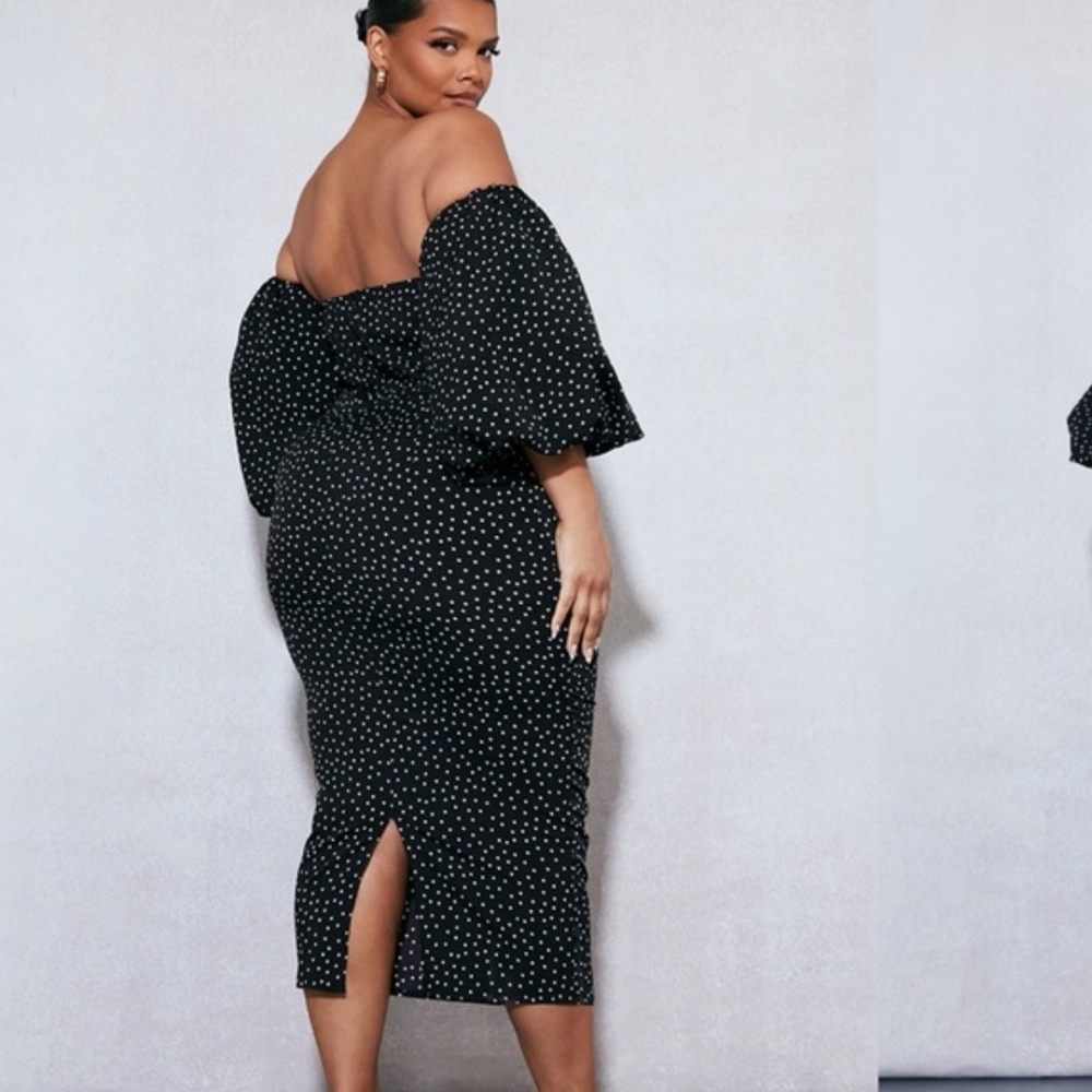 Off-Shoulder Black Polka Dot Bodycon Dress - Picture 2 of 3